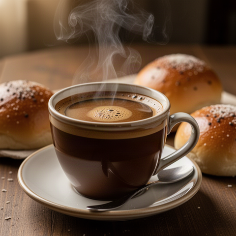 Dampfender Kaffee mit Brötchen (Symbolbild)
