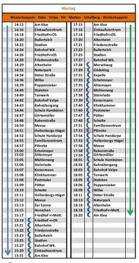 Fahrplan Bürgerbus: WK-Düte-Velpe-HH-MEtten-Schafberg-WK